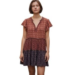 By Anthropologie Tiered Dress, Mini, Geometric, Sz M, Modal, Boho, Peasant